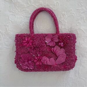 Viral Beaded Bag, Pink & Floral with Long Silver Chain